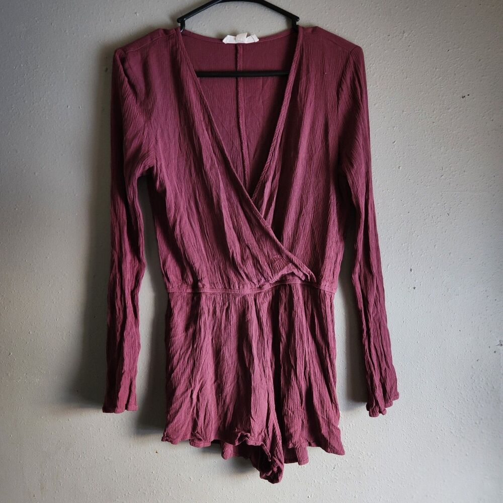 Lovestitch Burgundy Crinkle Wrap Romper Long Sleeve Medium